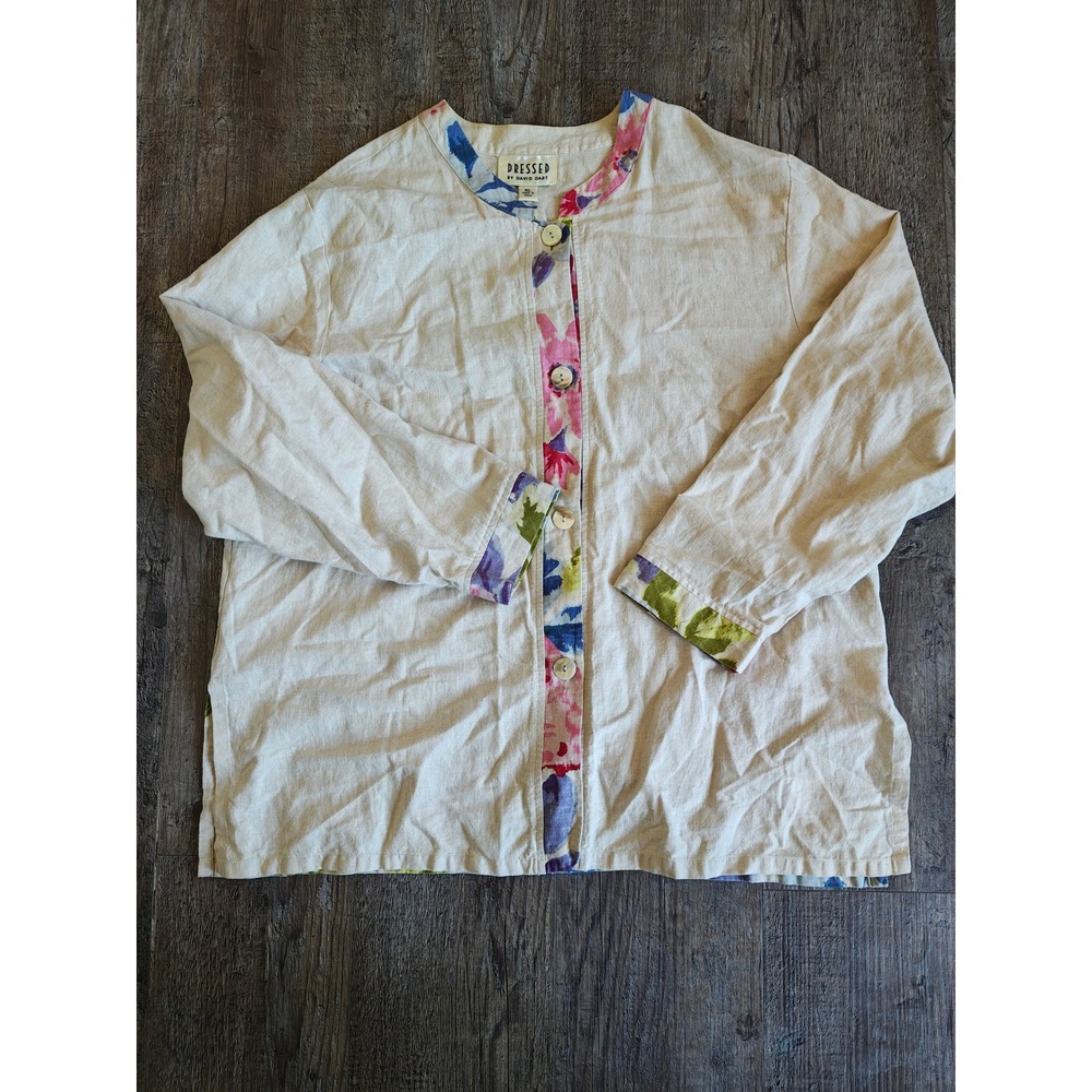Dressed by David Dart Women XL Linen Blend Floral Trim Button Up Top Beige